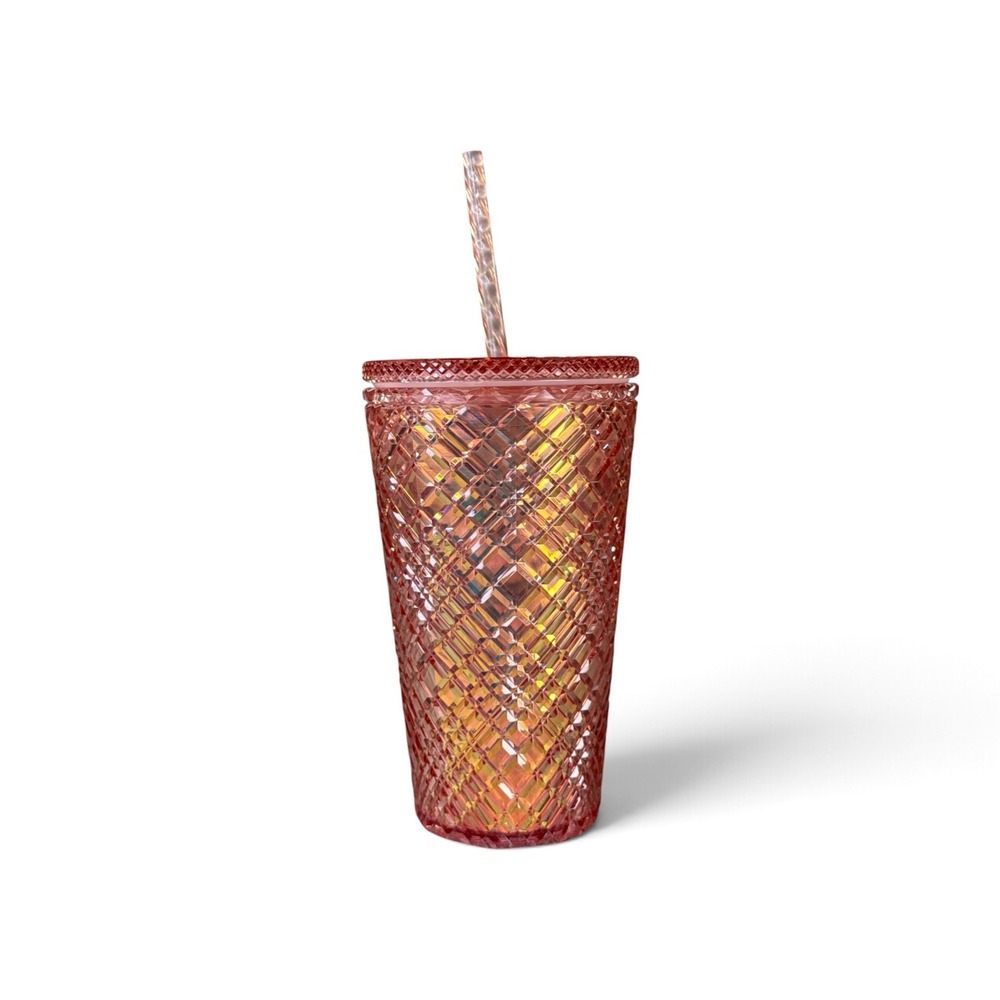 Starbucks 16oz Rose Gold Iridescent Diamond Grid Cold Cup Tumbler with Straw